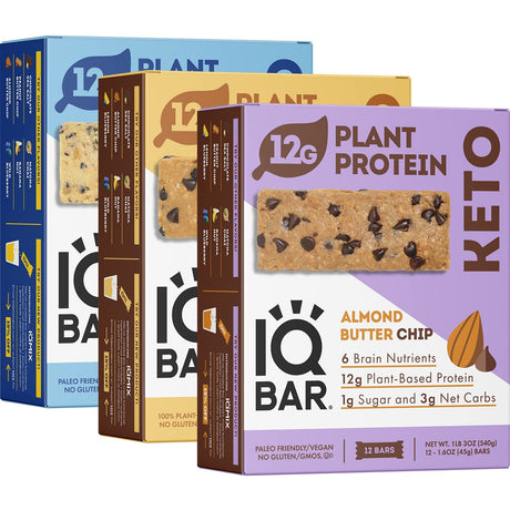 IQBAR Brain and Body Keto Protein Bars 12-Count Almond Butter Chip, Peanut Butter Chip & Lemon Blueberry Keto Bars - Low Carb Protein Bars, High-Fiber Vegan Bars, Low Sugar Meal Replacement Bars