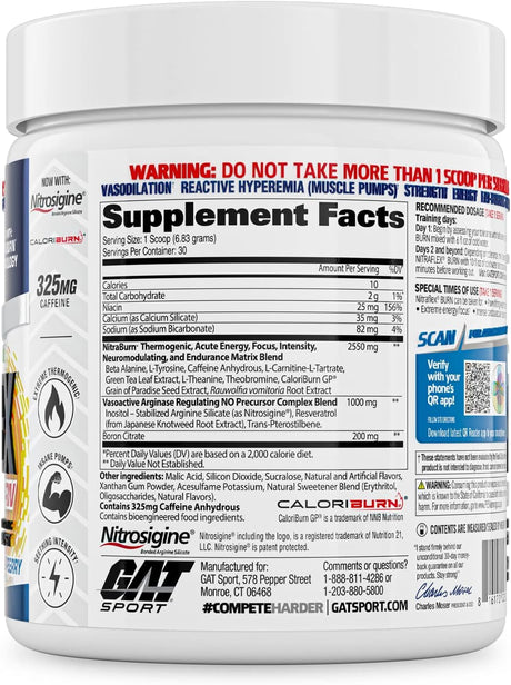 GAT Sport NITRAFLEX Burn, Pre-Workout, Blue Raspberry, 30 Servings