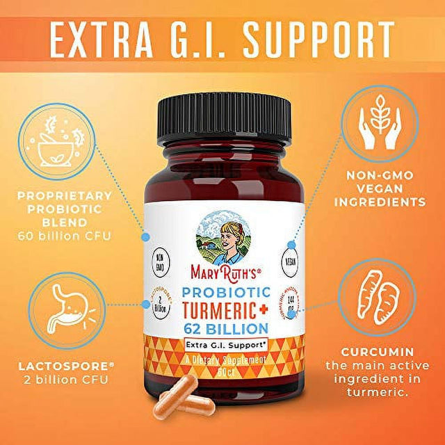 Maryruth Organics | Probiotic Turmeric+ | 62 Billion CFU | G.I. Support, Digestive Health | Vegan, Non-Gmo | 60 Capsules