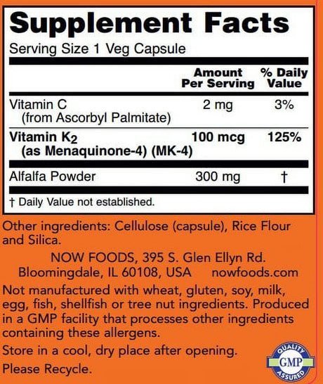 Now Foods Vitamin K-2,100 Mcg, 100 Veg Capsules-2 Pack