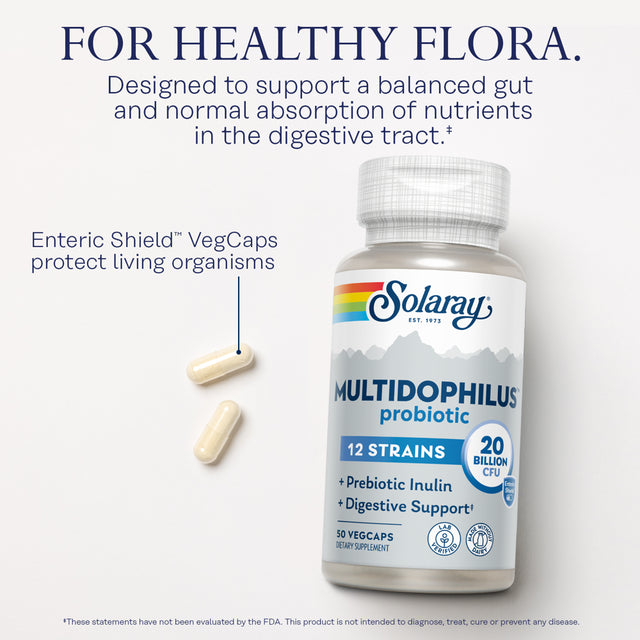 Solaray Multidophilus 12 Strain Probiotic | 20 Billion CFU | Healthy Gut Support | 25 Servings | 50 Enteric Vegcaps