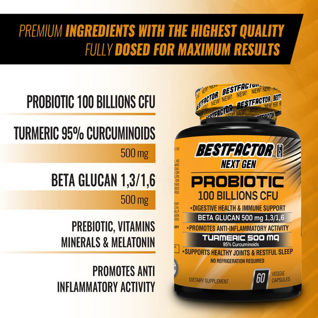 BESTFACTOR plus NEXT GEN - IMMUNE SYSTEM BOOSTER PROBIOTICS SUPPLEMENT for WOMEN & MEN with 100 BILLIONS CFU, TURMERIC 95% 500 MG & BETA GLUCAN 500 MG - DIGESTIVE HEALTH - JOINTS