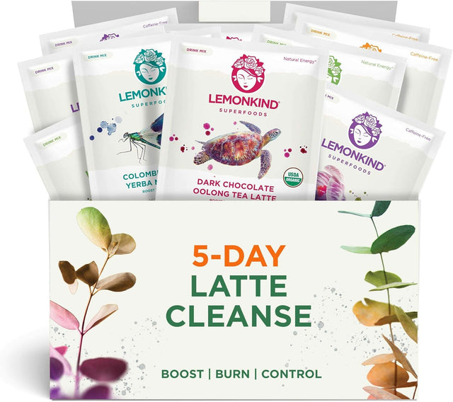 LEMONKIND Organic 5 Day Fat-Burn Cleanse for Weight Loss Jumpstart & Detox – Plant-Based & Gluten-Free, 25 Vegan Lattes (Coffee, Chocolate, Vanilla, Maqui & Matcha)