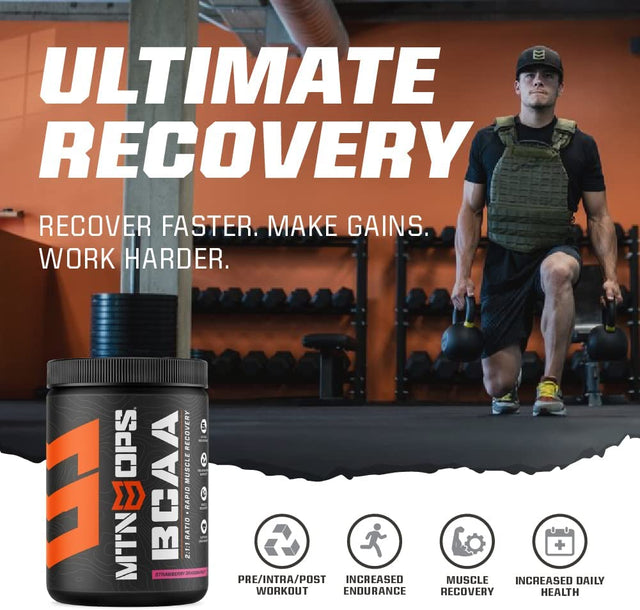 MTN OPS BCAA 2:1:1 Amino Acids Supplement Powder for Rapid Muscle Recovery & Repair with Zero Sugar & Gluten Free (30-Serving Tub, Strawberry Dragonfruit)