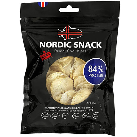 Nordic Catch Freeze Dried Cod Bites Seafood Snacks - Chips Made from Wild Caught Icelandic Fish - Healthy Snack, Rich in Omega 3 Fatty Acids, Protein Packed Keto Friendly Food - 35G Resealable Bag