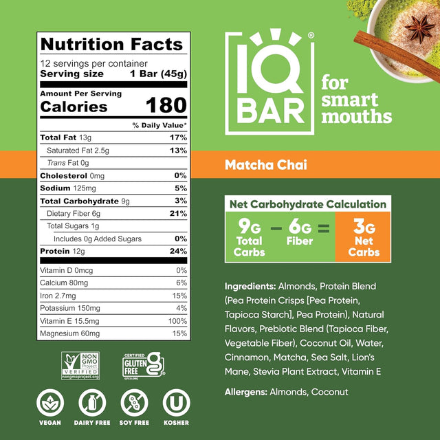 IQBAR Brain and Body Keto Protein Bars - Fruit Lovers Variety & Matcha Chai - 12 Count Energy Bars - Low Carb Protein Bars - High Fiber Vegan Bars Low Sugar Meal Replacement Bars