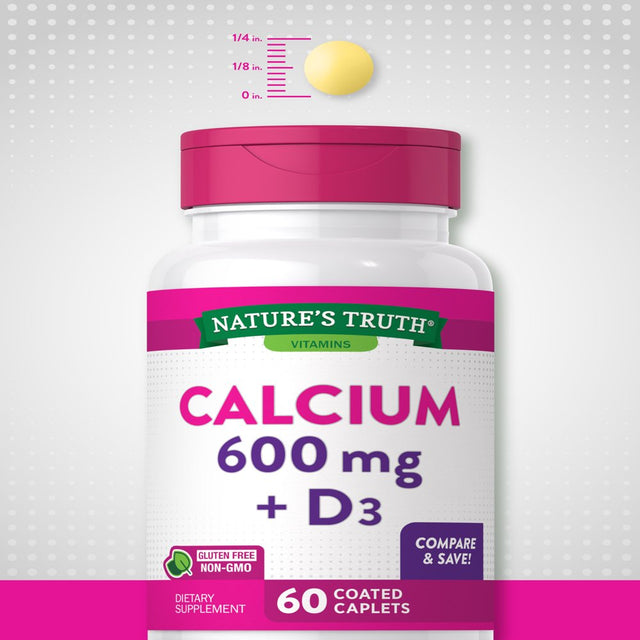 Calcium 600Mg with Vitamin D3 | 60 Tablets | Calcium Carbonate Supplement | Vegetarian, Non-Gmo, Gluten Free | Nature'S Truth