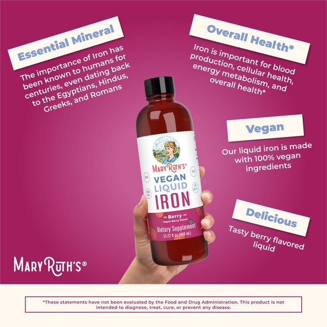 Maryruth Organics | Liquid Iron Supplement for Women Men & Kids | Iron Deficiency, Immune Support | Sugar Free, Vegan, Non-Gmo | 15.22 Fl Oz / 450Ml