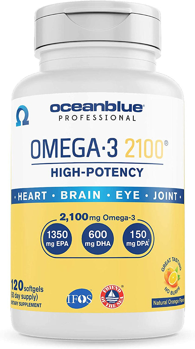 Oceanblue Omega-3 2100 – 120 Ct – Triple Strength Burpless Fish Oil Supplement with High-Potency EPA, DHA, DPA – Wild-Caught – Orange Flavor (60 Servings) – New Packaging