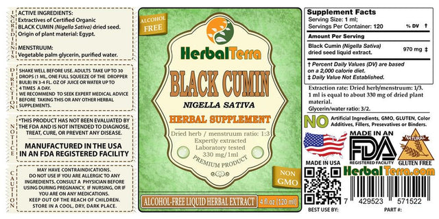 Black Cumin (Nigella Sativa) Glycerite, Dried Seed Powder Alcohol-Free Liquid Extract (Herbal Terra, USA) 2 Oz