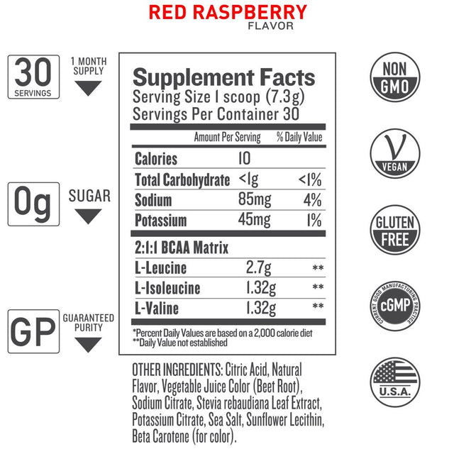 Naturally Fermented Vegan BCAA Powder Red Raspberry | 30 Servings | Plant Based, Non-Gmo, Gluten Free | Branched Chain Amino Acids | Pre/Post Workout Supplement