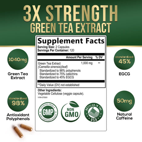 Nature'S Green Tea Extract Pills 98% Standardized EGCG 1000Mg - 3X Strength for Natural Energy & Supports Heart Antioxidant Health - Herbal Supplement with Polyphenols, Vegan, Non-Gmo - 240 Capsules