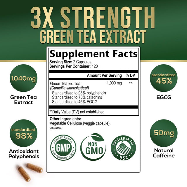 Nature'S Green Tea Extract Pills 98% Standardized EGCG 1000Mg - 3X Strength for Natural Energy & Supports Heart Antioxidant Health - Herbal Supplement with Polyphenols, Vegan, Non-Gmo - 240 Capsules