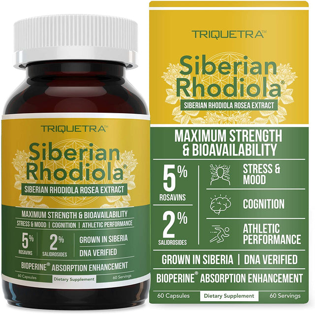 Siberian Rhodiola: Max Strength Rhodiola Rosea - 5% Rosavins, 2% Salidroside - Bioperine Absorption Enhancement, Grown in Siberia, DNA Verified - Reduce Stress, Enhance Energy & Cognition (60 Count)