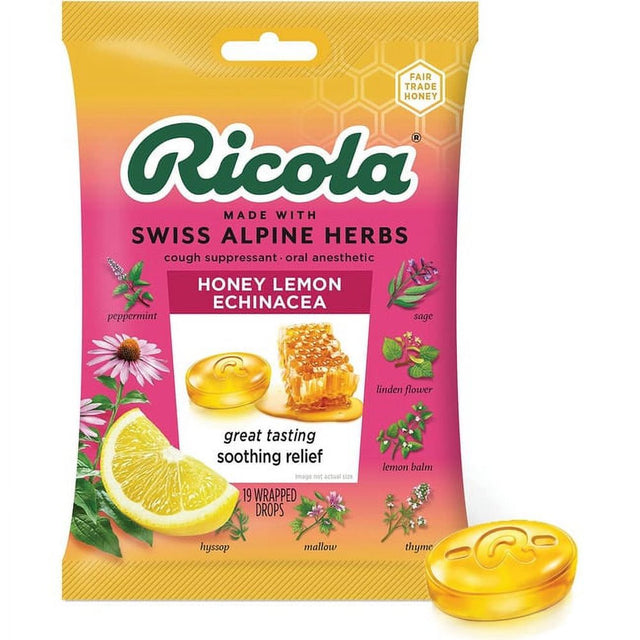 Ricola Cough Drops, Soothing Relief for Dry, Sore Throat, Honey Lemon with Echinacea, 19 Count