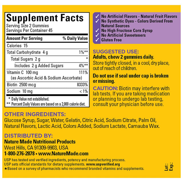 Nature Made Hair Skin and Nails with Biotin 2500 Mcg Gummies, 90 Count