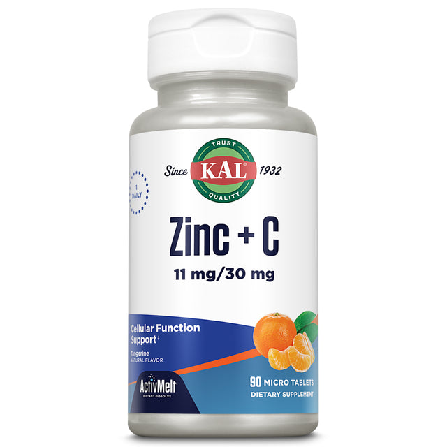 KAL Zinc plus C, Instant Dissolve Vitamin C and Zinc, Cellular Function and Immune Support, Optimal Absorption, Natural Tangerine Flavor, 60-Day Money-Back Guarantee, 90 Servings, 90 Micro Tablets