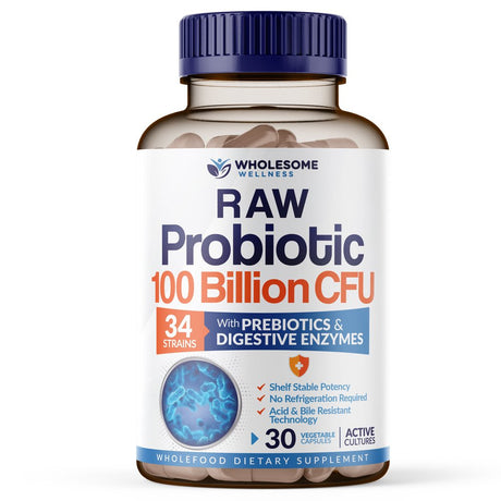 Raw Probiotics 100 Billion CFU, Organic Dr Formulated Probiotics for Women, Probiotics for Men and Adults, Complete Shelf Stable Probiotic Supplement with Prebiotics & Digestive Enzymes; 30 Capsules