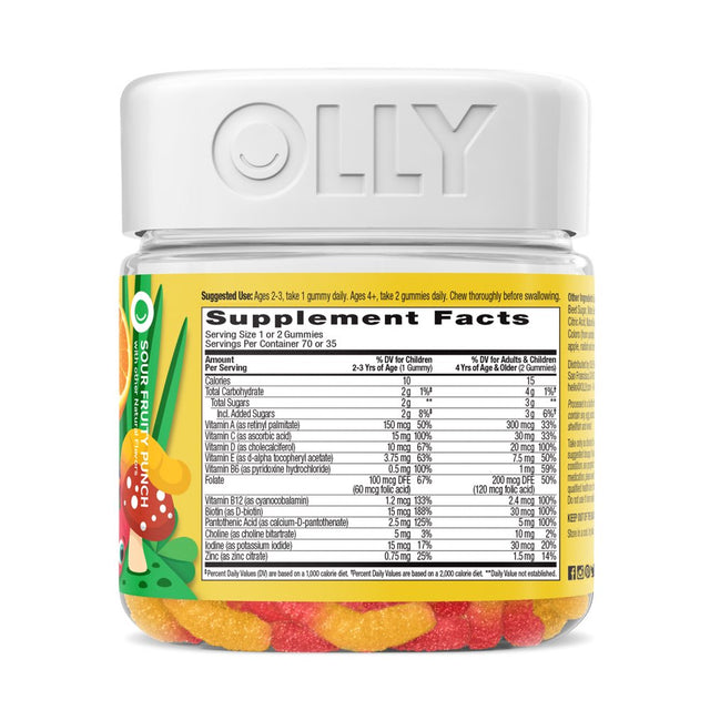 OLLY Kids Multivitamin Gummy Worm Supplement, Vitamins A, C, D, E, Bs & Zinc, Sour Fruit Punch, 70 Ct