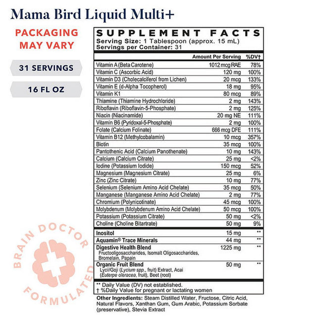 Mama Bird Prenatal Liquid Multi+ Vitamins, Methylfolate, Strawberry Flavor, Best Nest Wellness, 16 Oz