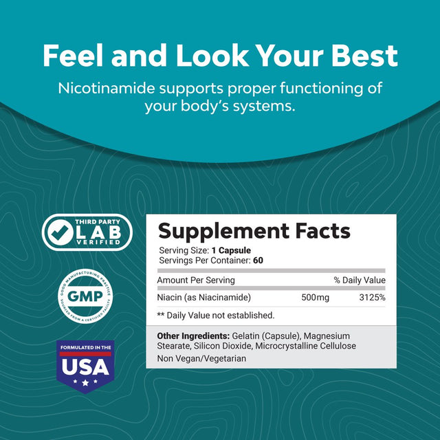 NAD Supplement Niacin 500Mg per Serving Flush Free - Nature'S Craft Nicotinamide Vitamins for Immune Support Energy Boost & Brain Health - Vitamin B3 Supplement Niacinamide 500 Mg per Serving Capsules