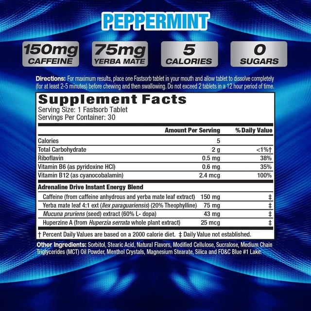 MHP Adrenaline Drive Instant Energizing Mints, Pre-Workout, Enhanced Mental Focus, Sugar Free, W/150Mg Caffeine, Peppermint, 30 Tablets