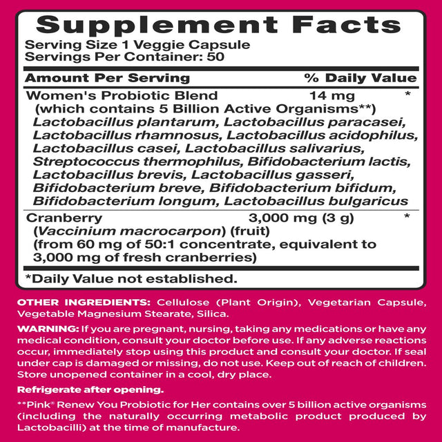 Pink Probiotics for Women | 50 Veggie Capsules | 5 Billion CFU | plus Cranberry | Vegetarian, Non-Gmo & Gluten Free Supplement