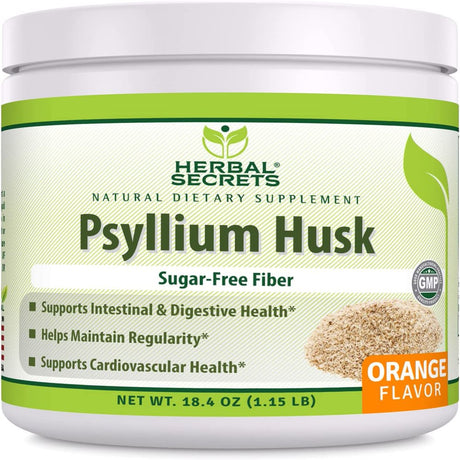 Herbal Secrets Psyllium Husk Powder 1.15 Lb, Orange Flavor Supplement - Vegan, Dairy Free, Sugar Free, Gluten Free, Non-Gmo -Supports Intestinal Health & Metabolism* -Helps Maintain Regularity*