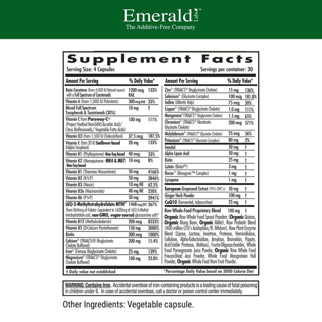 Emerald Labs Prenatal 4-Daily Multi - Multivitamin with Folic Acid, Vitamin C and Gentle Iron to Support Pregnant and Lactating Women - 120 Vegetable Capsules