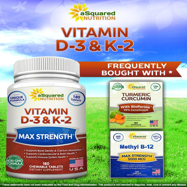 Vitamin D3 with K2 Supplement - 180 Chewable Tablets, Max Strength D-3 Cholecalciferol & K-2 MK7 to Support Healthy Bones, Teeth, Heart - Antioxidant D 3 & K 2 MK-7 Energy Formula for Men and Women