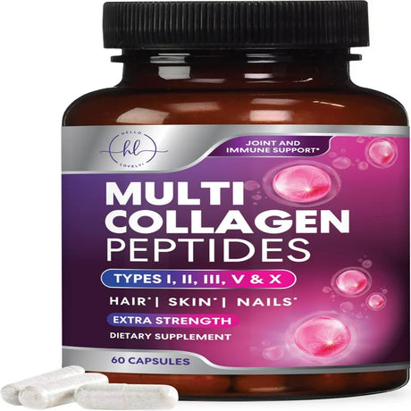 Multi Collagen Peptides, Hydrolyzed Collagen Protein for High Absorption, Type I, II, III, V, X Gluten Free, Radiant Hair, Skin, Nails & Joint Support, Collagen Pills Supplement Non-Gmo - 60 Capsules