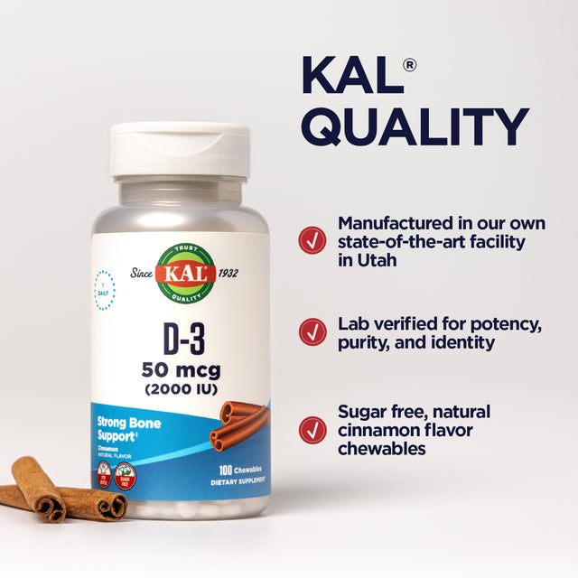 KAL D-3 2000 IU Sugarless Chewable Vitamin Tablets, Cinnamon, 100 Count