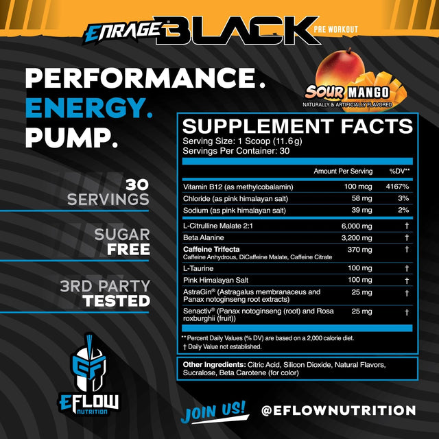 Eflow Nutrition Enrage Black High Stimulant Pre Workout Supplement - Preworkout Powder to Boost Energy, Pumps and Strength - 4 Flavors (30 Servings) (Sour Mango)