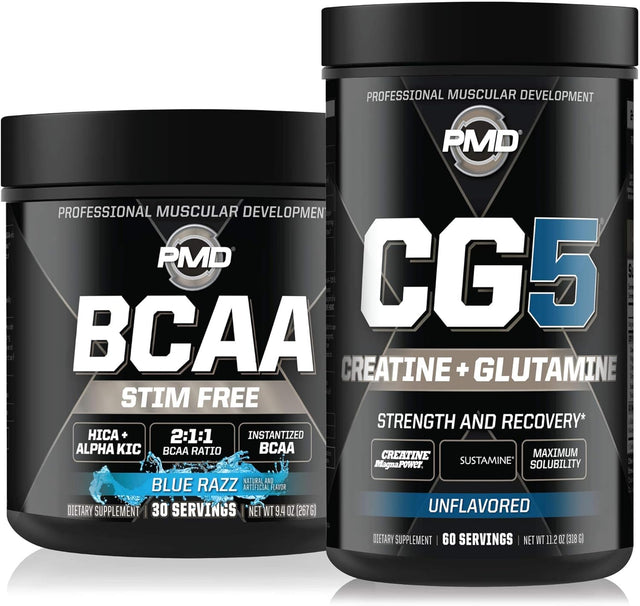 PMD Sports CG5 - Premium Creatine and L-Glutamine Powder (60 Servings) Sports BCAA Stim Free Amino Acids for Enhanced Recovery – Blue Razz (30 Servings)