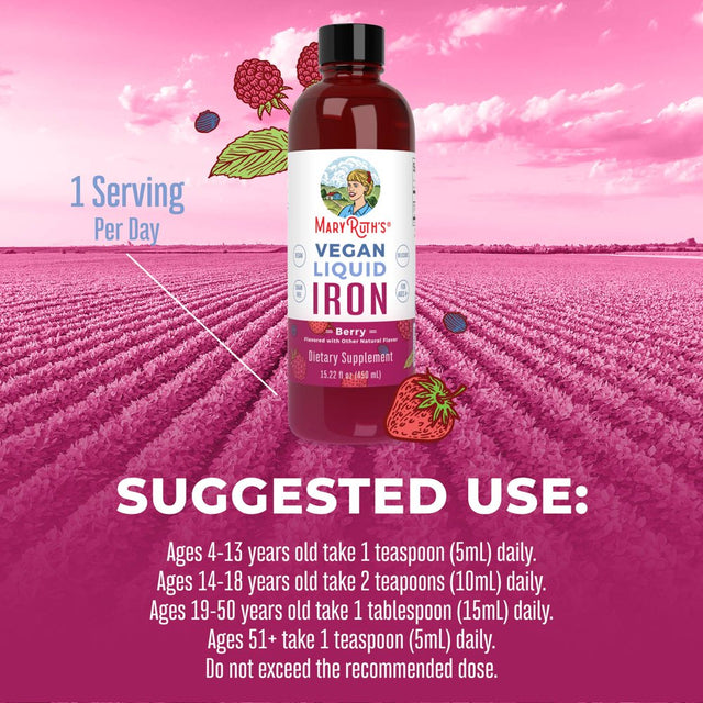 Maryruth Organics | Liquid Iron Supplement for Women Men & Kids | Iron Deficiency, Immune Support | Sugar Free, Vegan, Non-Gmo | 15.22 Fl Oz / 450Ml