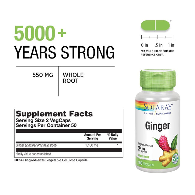 Solaray Ginger Root 1100Mg | Healthy Digestion, Joints and Motion & Stomach Discomfort Support | Whole Root | Non-Gmo & Vegan | 100 Vegcaps