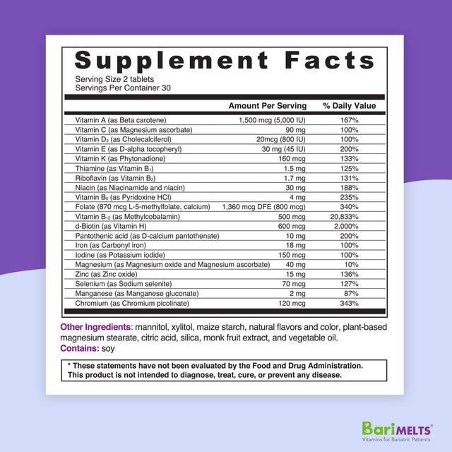 Barimelts Bariatric Multivitamin with Iron, 60 Fast-Dissolving Tablets, Post Weight Loss Surgery Patients, Fruit Flavored Dietary Supplements