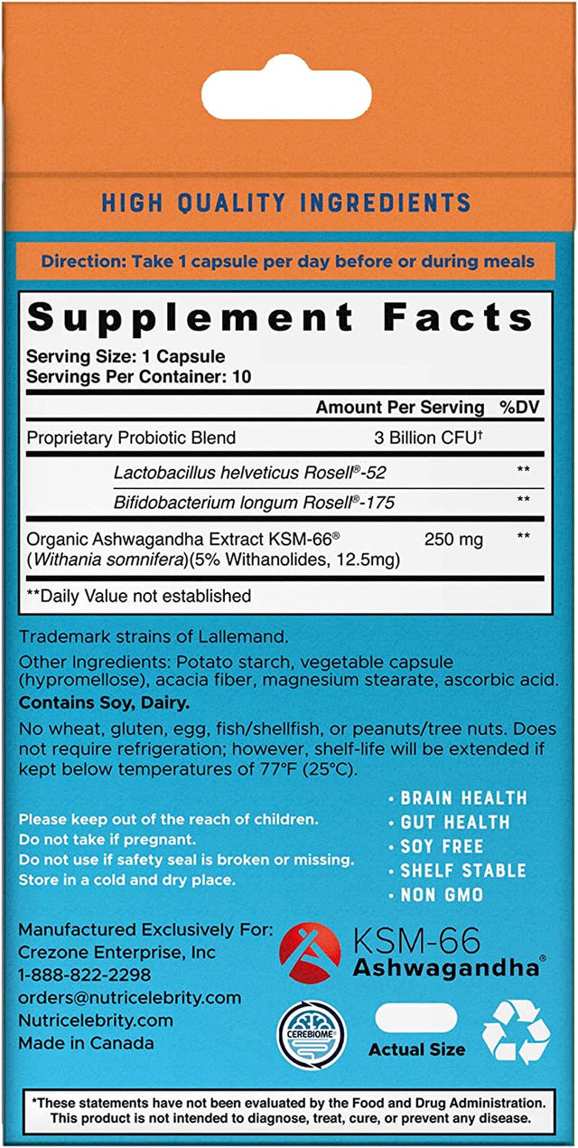 Nutricelebrity Optimal Stress Relief and Mood Boost Supplement Travel Size, Helps Support Restful Sleep, Relaxation, Comfort with Ashwagandha KSM-66 and Cerebiome Probiotic Blend 10 Vegetable Capsules