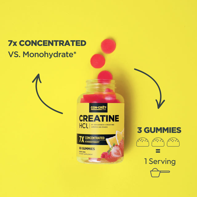 CON-CRET Concentrated Creatine Gummies, Berry Zing Flavor, Supports Muscle & Brain Health, 60 Ct