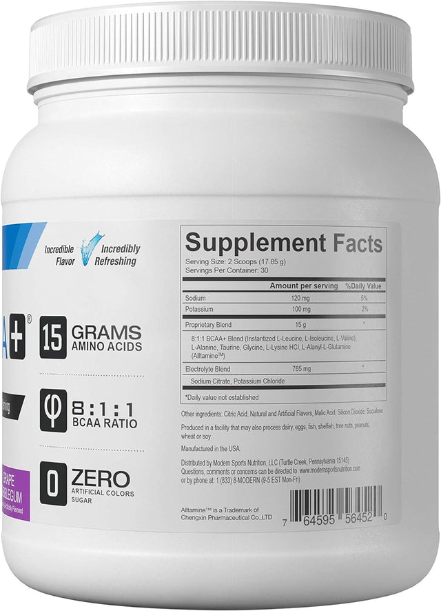 Modern BCAA+ Original Branched Chain Amino Acid Powder Grape | Sugar Free Post Workout Muscle Recovery & Hydration Drink with 15G Amino Acids and 8:1:1 BCAA Ratio for Men & Women | 30 Servings