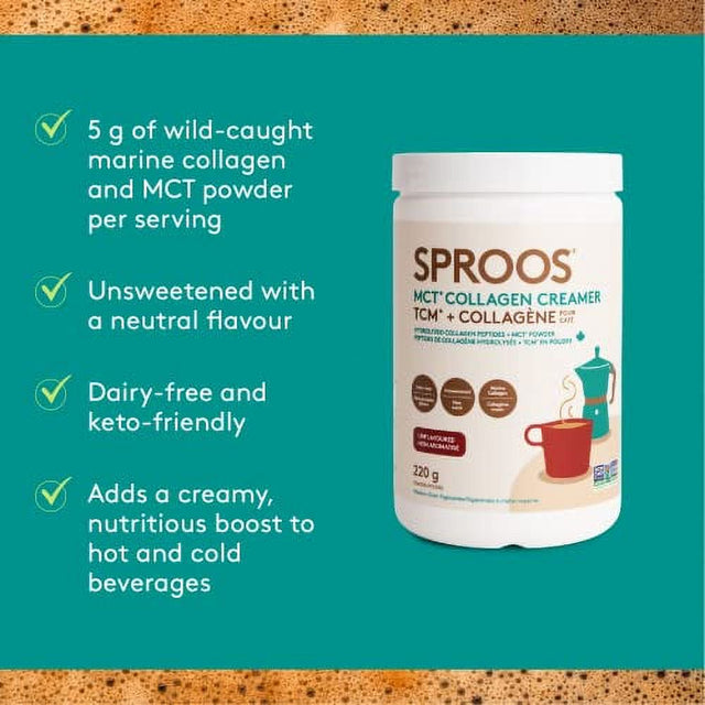 Sproos MCT Collagen Creamer | 5 G Wild-Caught Marine Collagen, 5 G MCT Powder | Dairy-Free, Tub, 220 G