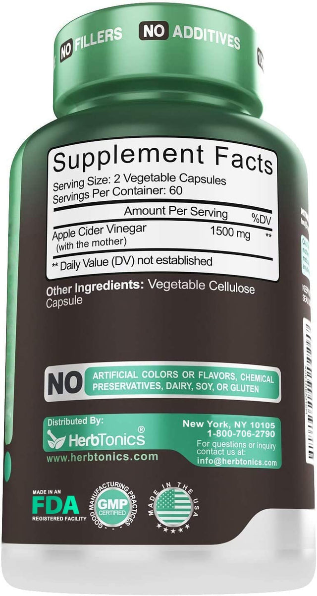 Herbtonics Raw Apple Cider Vinegar Capsules, 1500Mg Detox Support (Packaging May Vary), 120 Caps