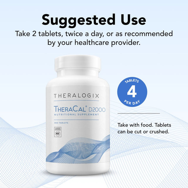 Theralogix Theracal D2000 Bone Health Supplement with Calcium, Vitamins D3 & K2, Magnesium and More | 90 Day Supply - 360 Tablets | Made in the USA