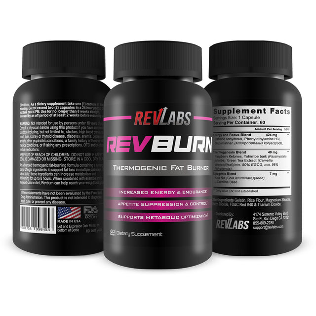 Revburn by Revlabs - Thermogenic Fat Burner - Fat Burning Amplifier Diet Pill for Men and Women - Carb Blocker and Appetite Suppressant - Weight Loss Pills - 60 Capsules