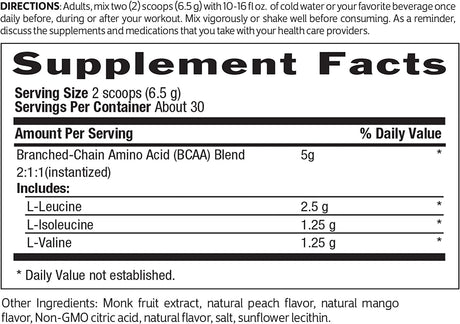 Biochem BCAA Powder Peach Mango 5G, 6.9Oz, Certified Vegan, Certified Gluten Free, Keto Friendly