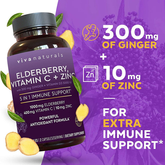 Elderberry, Vitamin C, Zinc, Vitamin D 5000 IU & Ginger Immune Support Supplement, 2 Month Supply (120 Capsules) - 5 in 1 Daily Immune Support for Adults