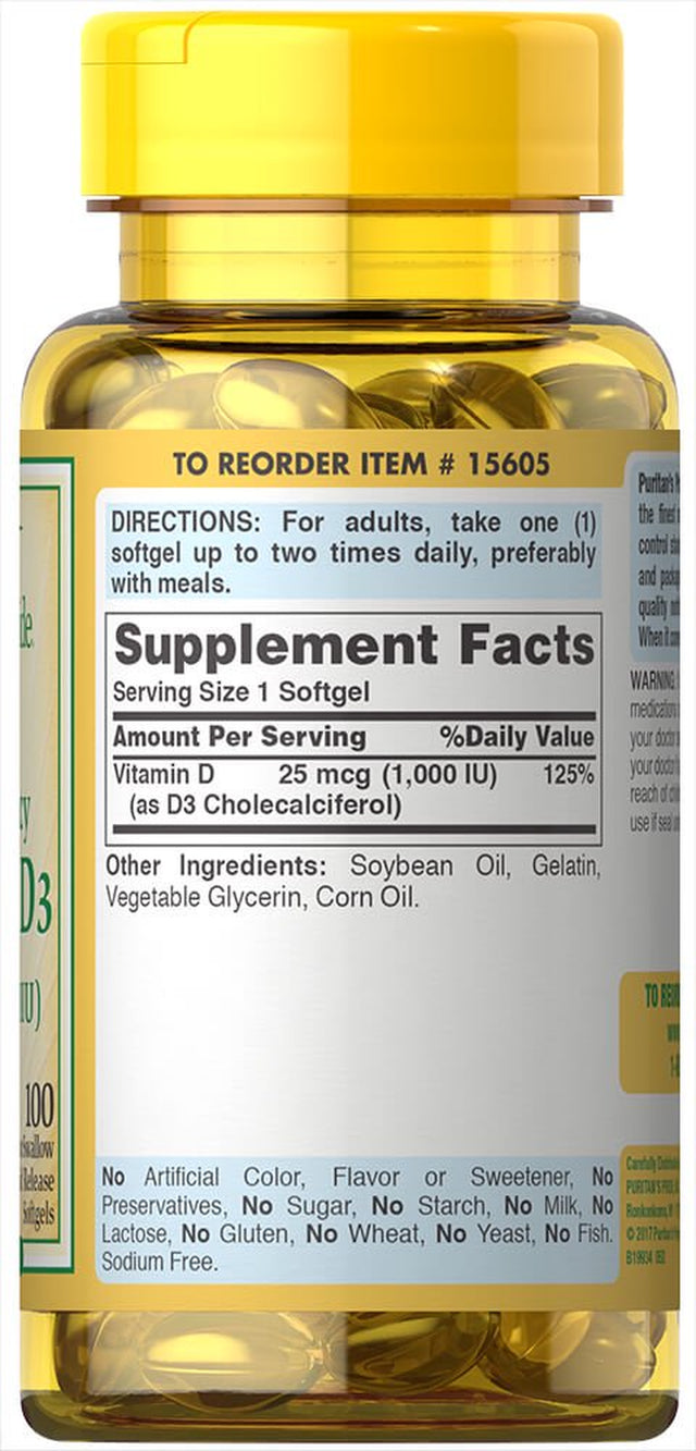 Puritan'S Pride Vitamin D3 1000 IU, Softgels, 100 Ct