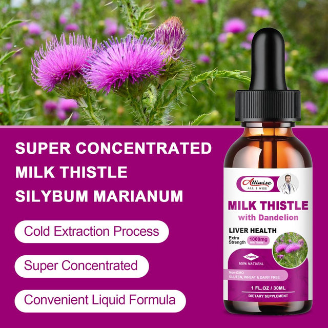 (2 Pack)Alliwise Milk Thistle Drops 1000Mg,Silymarin Marianum & Dandelion Root Support Liver Health,Total 2Fl Oz