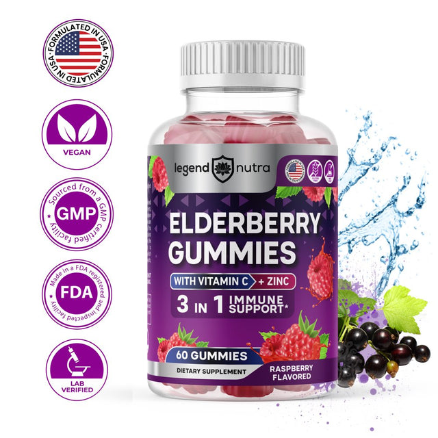 Elderberry Gummies with Vitamin C and Zinc, 3 in 1 Immune Support, 60 Count Sambucus Elderberry Gummies Raspberry Flavored, Dietary Supplement