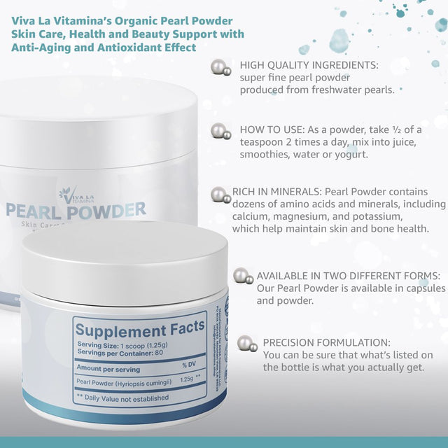 Pearl Powder Dietary Supplement from Freshwater Pearls - 100 Grams (80 Servings), NON-GMO